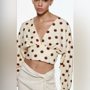 Zara Beige and Brown Polka Dot Wrap Blouse